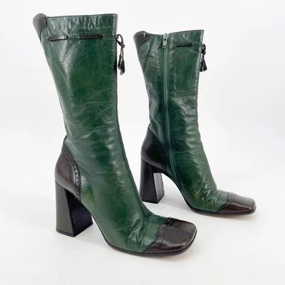 Prada Fall/Winter 1999 Green & Brown Leather Mid-Calf Block Heel Boots IT 37 - Image 1 of 4