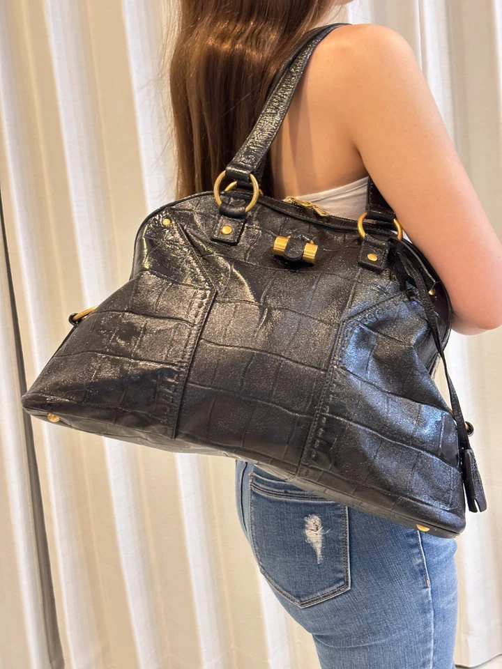 YSL Muse Handbag Black Croc Patent Leather Bag Tote Authentic - Image 1 of 4