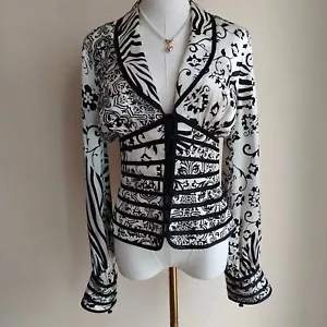 Vintage Silk Blouse Black and White Print with Corset Like Waist band Size 6 - Picture 1 of 7