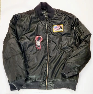 Structure Jacket Mens XL Black Military Bomber Satin Patches Veteran Puffer Coat - Image 1 of 4