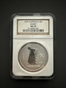 1999 Australia $1 Rabbit MS70 NGC Lunar Series I 1 oz Silver Coin - Picture 1 of 2