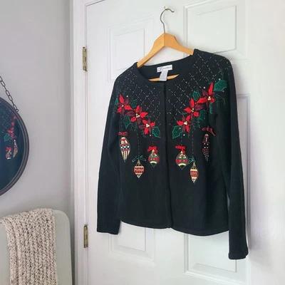 Vestido Granero Bordado Tejido Cuentas Navidad Adornos Cárdigan Talla S Negro Artístico Foto 1 de 4