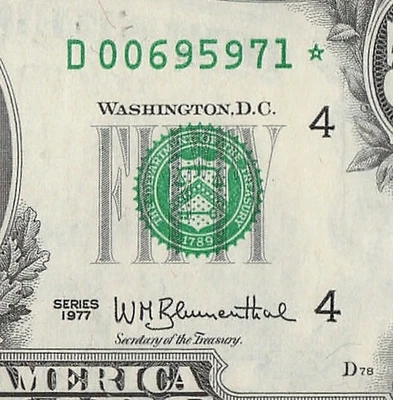 1977 Cleveland Star Note Fifty Dollar Bill D00695971* Bright AU - Image 1 of 4