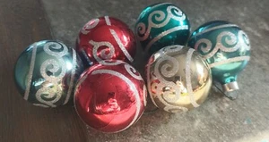 Vintage 6 Glitter Stenciled Glass Ball Christmas Holiday Ornaments - Picture 1 of 3