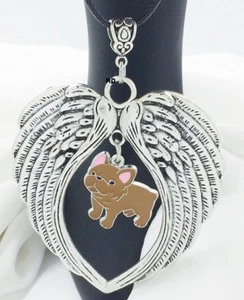 French Bulldog Brown Puppy Dog Lovers Angel Wings Memory Leather Necklace - Bild 1 von 3