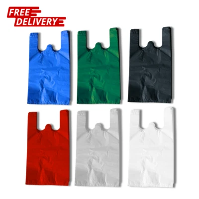 Kunststoff Weste Tragetaschen, grün, rot, schwarz, blau & transparent | wiederverwendbar alle Größen - Bild 1 von 3