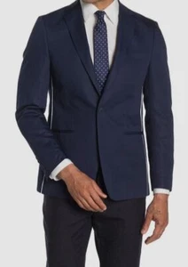 $450 Calvin Klein 44R Mens Blue Skinny Fit Piped Blazer Sport Cotton Coat Jacket - Picture 1 of 3