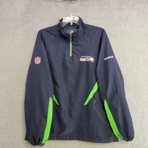 Seattle Seahawks Sweater Mens M Medium Blue Reebok Windbreaker 1/4 Zip Mock Neck Cover