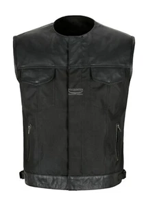 Mens Biker Waistcoat Vest Collarless Codura Black Real Leather Trim SOA Vest - Picture 1 of 8