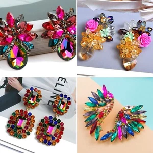 Luxury Crystal Fashion Earrings Exaggerated Elegant Statement Rhinestone Jewelry - Picture 1 of 39