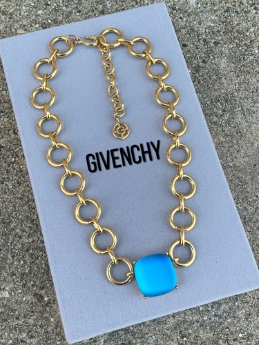 Raro Gioielli Givenchy Collana Vintage Blu Iridescente Francia Tono Oro