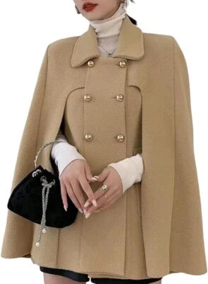 Poncho Para Mujer Elegante Doble Pecho Manga abertura Mezcla de Lana Fluido Capa Capa Certificado de Autenticidad Foto 1 de 4