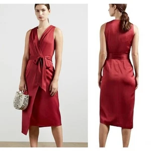 Abito midi Ted Baker London Chrisey fisso scollo a tuffo raso seta rosso nuovo con etichette - Foto 1 di 12