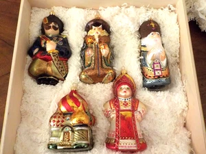 WUNDERSCHÖNES, DETAILLIERTES Komozja Polonaise russisches mundgeblasenes Glas Ornament Set mit Holzbox - Bild 1 von 24