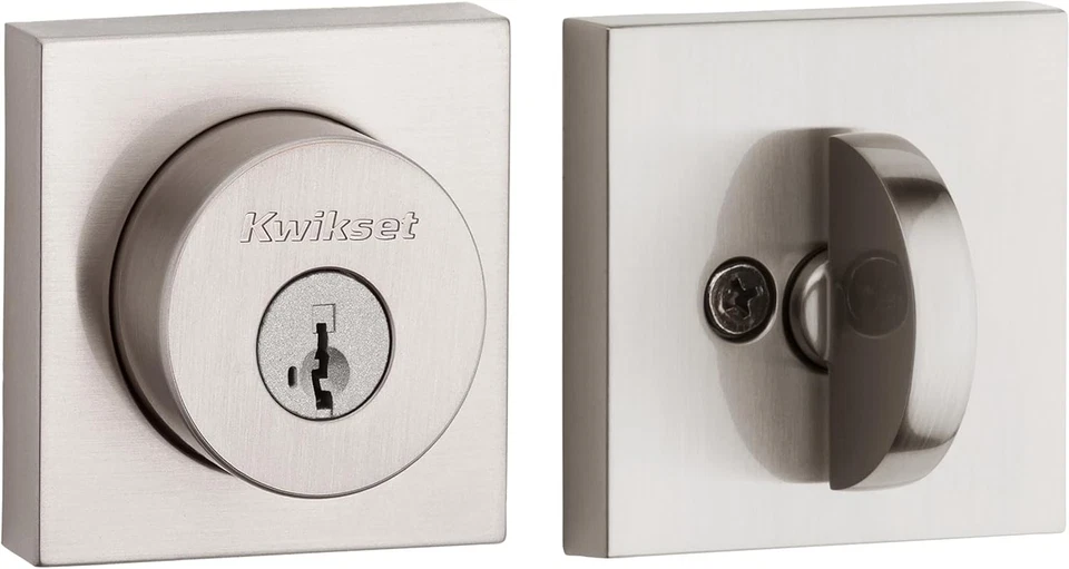 Cerradura Kwikset Halifax Deadbolt, exterior cuadrado de níquel satinado  Foto 1 de 3