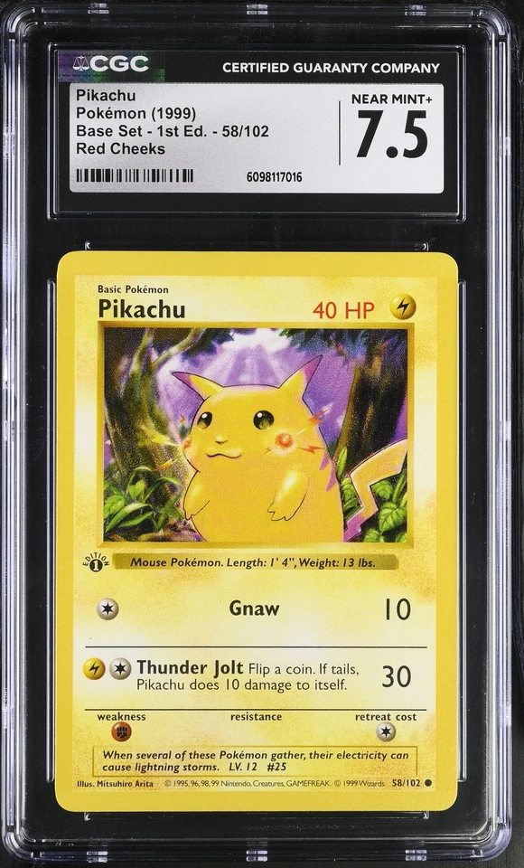 CGC 7.5 Pikachu Base Set 1st Edition Shadowless 58/102 Red Cheeks Pokemon Card - Image 1 of 2