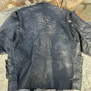 Vintage Leder Biker Jacke mit amerikanischer Flagge USA am Rücken schön verblassen Größe L - Bild 1 von 16