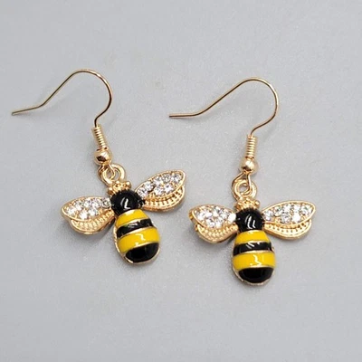 Pendientes Perforados Abejorro Tono Dorado Estrás Esmalte Amarillo Cuelgan Nuevos 5/8" Foto 1 de 4