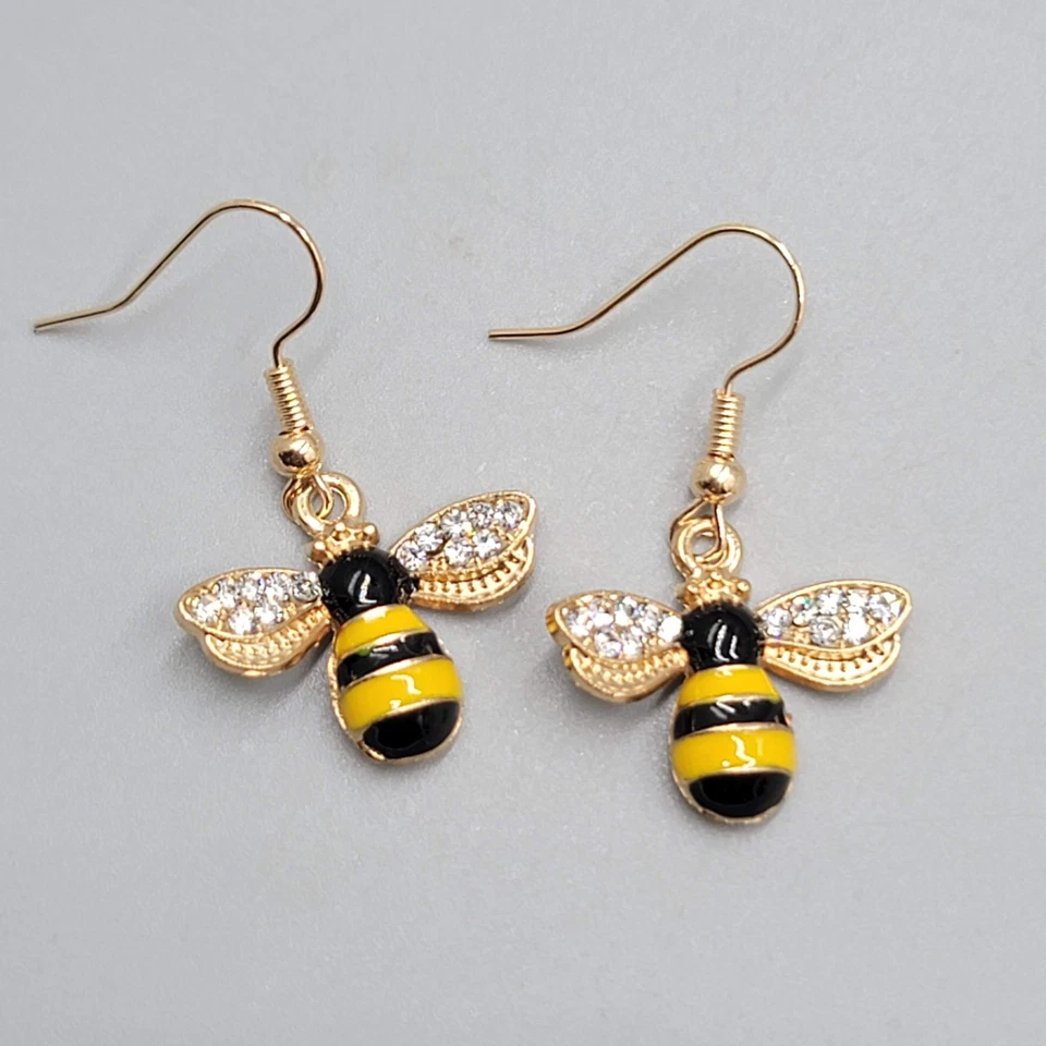 Pendientes Perforados Abejorro Tono Dorado Estrás Esmalte Amarillo Cuelgan Nuevos 5/8" Foto 1 de 4