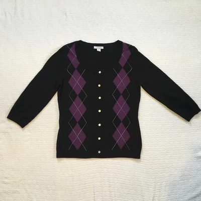 Dressbarn Black Purple Argyle Button Front Cardigan 3/4 Sleeve Women's Size M - Image 1 of 4