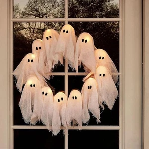 Halloween Lit Ghosts Wreath LED Light-Up White Ghost Garland,Spooky Deco 15.75in - Picture 1 of 11