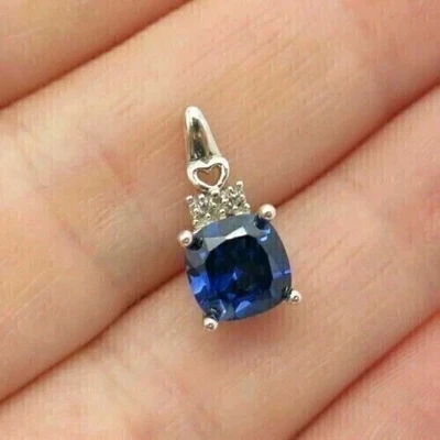 3Ct Cushion Lab Created Sapphire Diamond Women's Pendant 14K White Gold Plated - Image 1 of 4