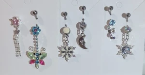 6 Pc New And Preowned Belly Rings. Moon.Stars.Snowflakes. - Picture 1 of 6