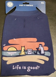 Life Is Good Sunset Lake Hund Haustier T-Shirt mit Leinenloch blau Gr. XL - NEU mit Etikett - Bild 1 von 4