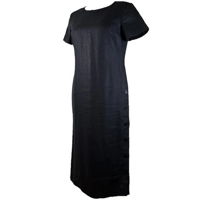 Vestido de lino irlandés Talbots 14 negro midi con botones forrado lateral manga corta LBD Foto 1 de 4