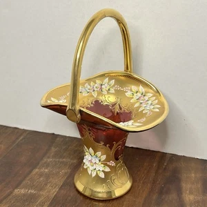 Vtg Bohemia Glass Basket Gold Cranberry Red Floral Hand Painted Czech - Picture 1 of 16