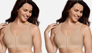 2 PLAYTEX 18 hr bras 34C nude beige NWT mastectomy pockets posture cotton US400C - Picture 1 of 3