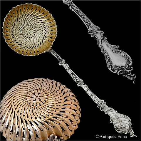 Soufflot French Sterling Silver 18k Gold Sugar Sifter Spoon Cover