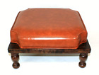 Mid Century Modern Vintage Footstool, Orange/Brown Vinyl & Wood Ottoman, 17x17