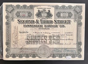 Second & Third Street Passenger Railway Company of Phila Stock Certificate -1925 - Picture 1 of 3