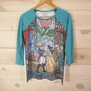 Disney Beauty and the Beast Stained Glass Print Girls Junior L Raglan T-Shirt - Picture 1 of 5