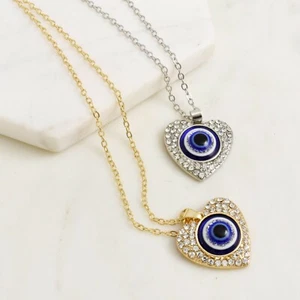 Evil Eye Love Heart Silver Gold Chain Zirconia Greek Turkish Pendant Necklace - Picture 1 of 5