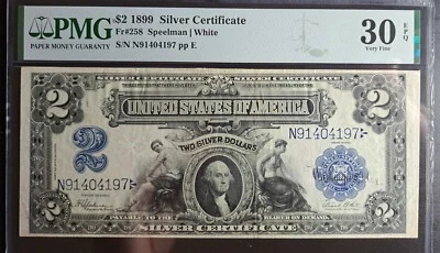 1899 $2 Silver Certificate Note Bill Mini Porthole Fr 258 PMG Very Fine-30 EPQ - Image 1 of 4