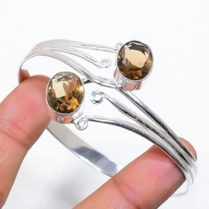 Smoky Quartz Gemstone 925 Sterling Silver Jewelry Cuff Bracelet Size 7-8" - Picture 1 of 1
