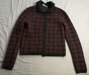 PRADA Women's Red Black Check Wool Blend Cardigan Size IT 40 Good Used Condition - Picture 1 of 9