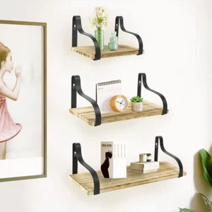 3Pcs Rustic Metal Wood Floating Shelf Brackets Wall Mounted Heavy Duty Support - Picture 1 of 8