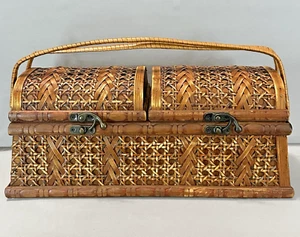 Three Hands Corp. Wicker Rattan Wooden Chest Box 2 Compartments 2 Lids 2 Handles - Picture 1 of 15