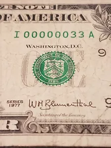 ➡➡1977 SUPER LOW 00000033A FANCY SERIAL NUMBER VF FR-1909-I $1 Minneapolis PMG - Picture 1 of 5