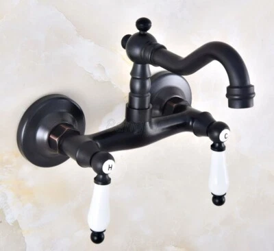 Oil Rubbed Bronze Wall Mount Dual Ceramic Handles Bathroom Basin Sink Faucet - Image 1 of 4