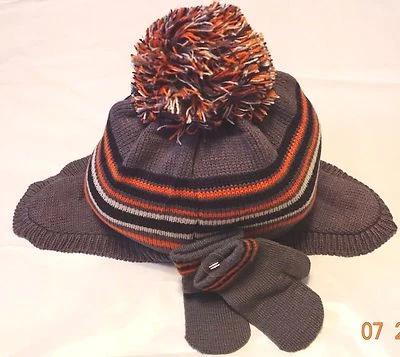 Juego de sombreros y guantes The Children's Place niña/niño gris/naranja multi rayas Pom Pom, 2T Foto 1 de 3