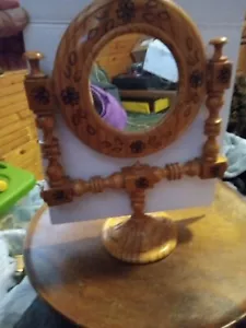 Vtg 14" Wooden mirror Pedestal Tabletop Vanity Mirror  - Picture 1 of 3
