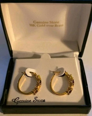 18K Over Brass Genuine Stone Hoop Dangle Earrings, New - Image 1 of 4