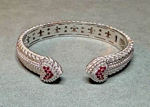 Judith Ripka 925 Sterling Silver Ruby Heart Ends Hinged Cuff Bracelet 6-3/4 Inch - Picture 1 of 19
