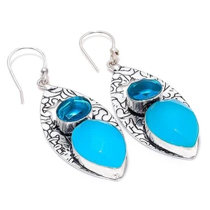 Aguamarina Chalcedonia, Topacio Azul Joya De Plata Esterlina 925 Aretes 2.36" - Imagen 1 de 5