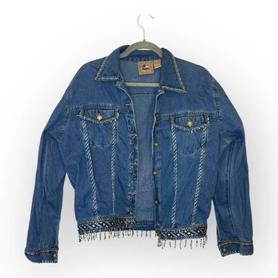 Don’t Mess With Texas Denim Jacket Beaded Fringe Western Cowgirl Rodeo 90s Small - Image 1 of 4