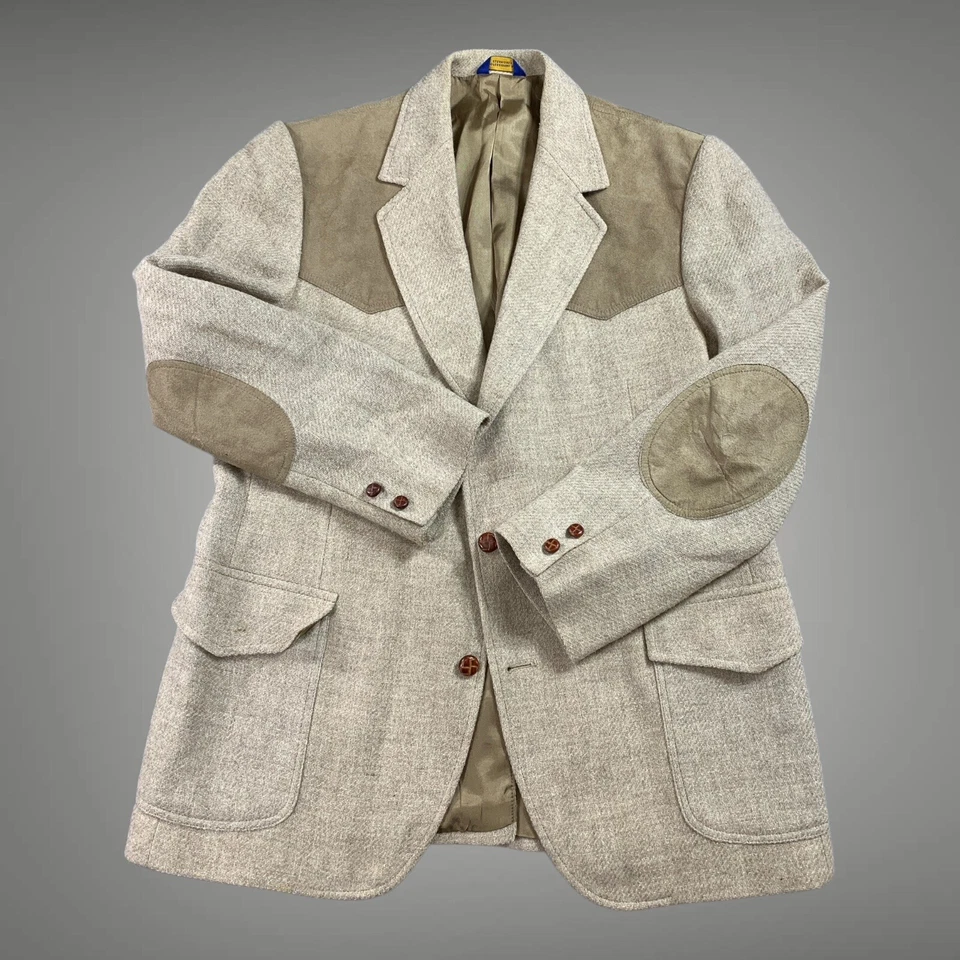 Pendleton Western Blazer Men 46 Tan Wool Tweed Yoked Shoulder Elbow Patch - Image 1 of 4